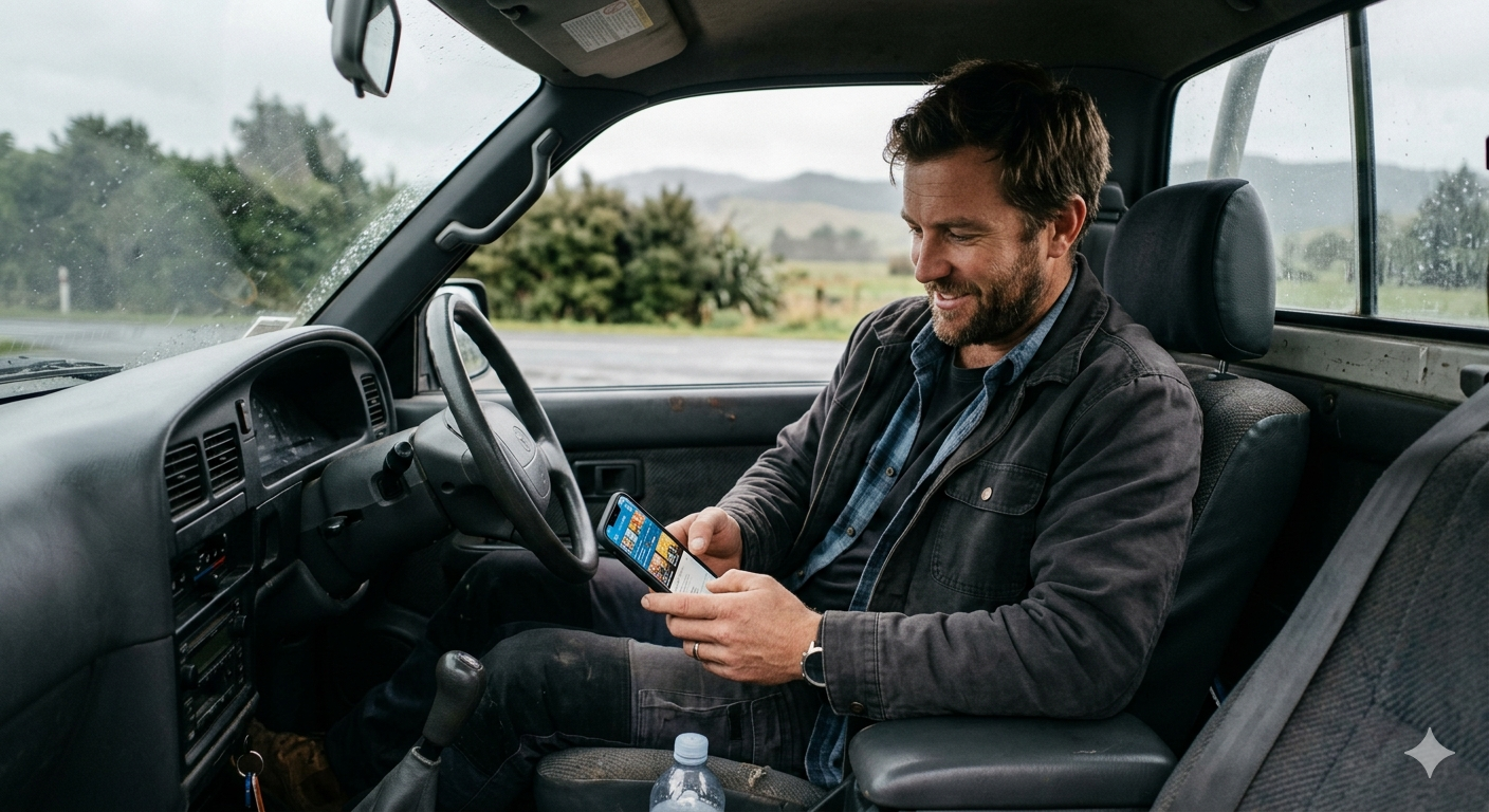 Tradesman checking TrustPoint Verified profile from his vehicle